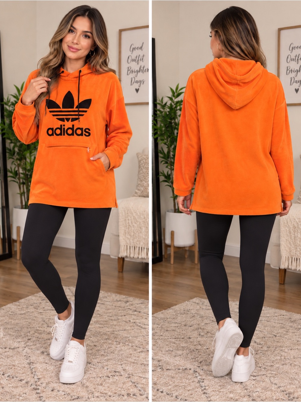 adidas Originals XS Orange Velour Trefoil Longline Hoodie Tunic